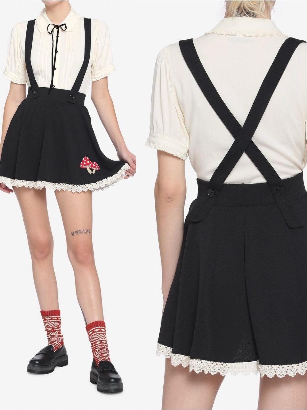 Midnight Hour X Hot Topic Womens Mushroom Black Suspender Skirt with Lace Trim